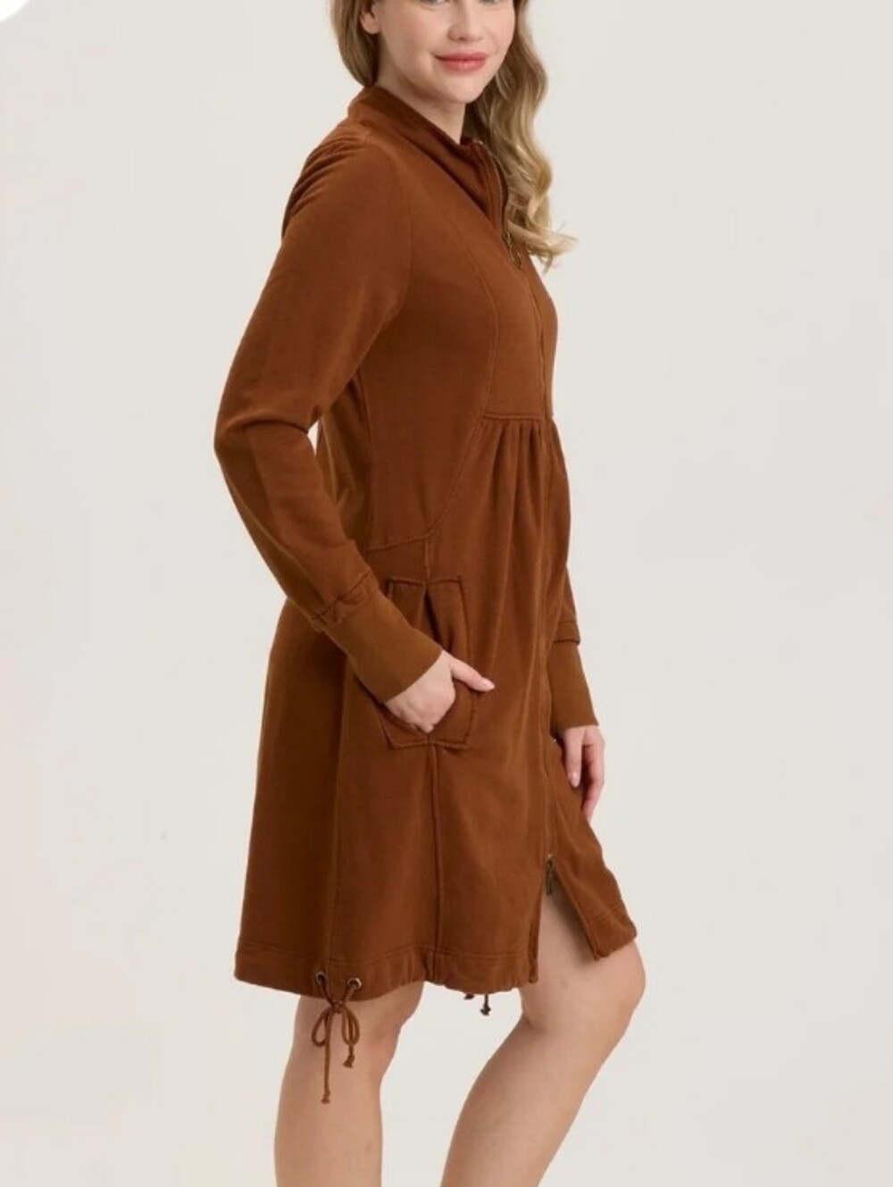 NWT Wearables XCVI Fleece Funnel Neck Longcoat Zip Front Brown Cinch Hem LG - Picture 2 of 16